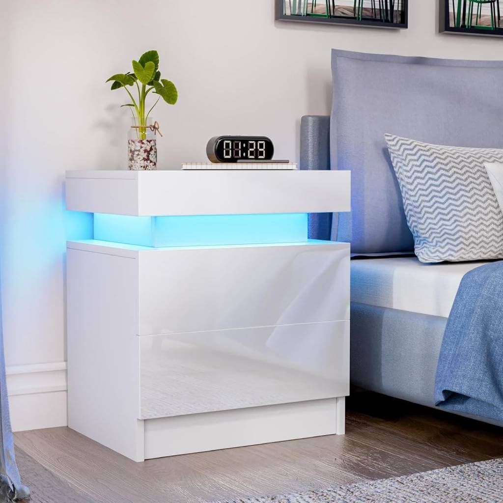 hommpa led white nightstand with gloss drawers