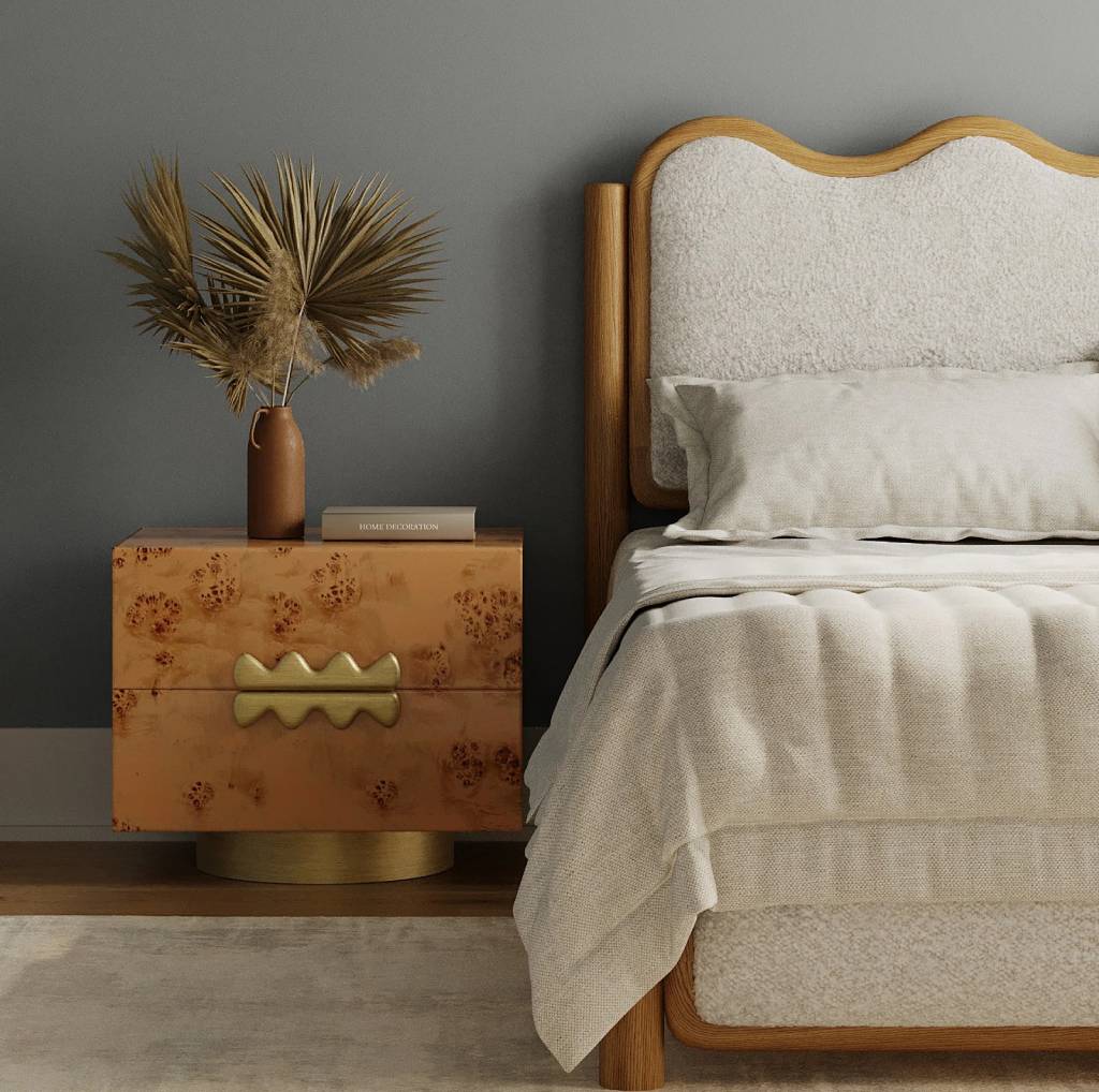 josefine burl wood nightstand gold accents