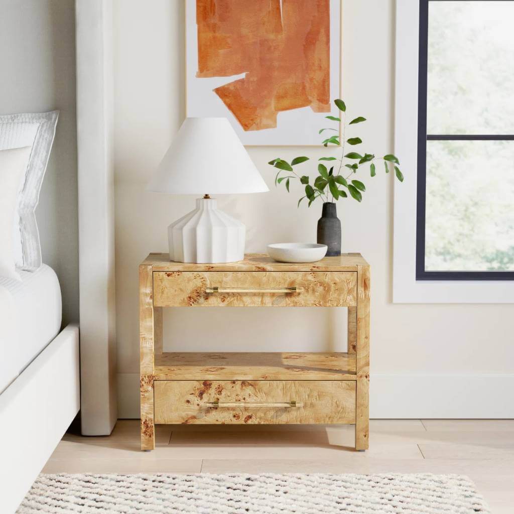 omnia burl wood nightstand 2 drawers open shelf