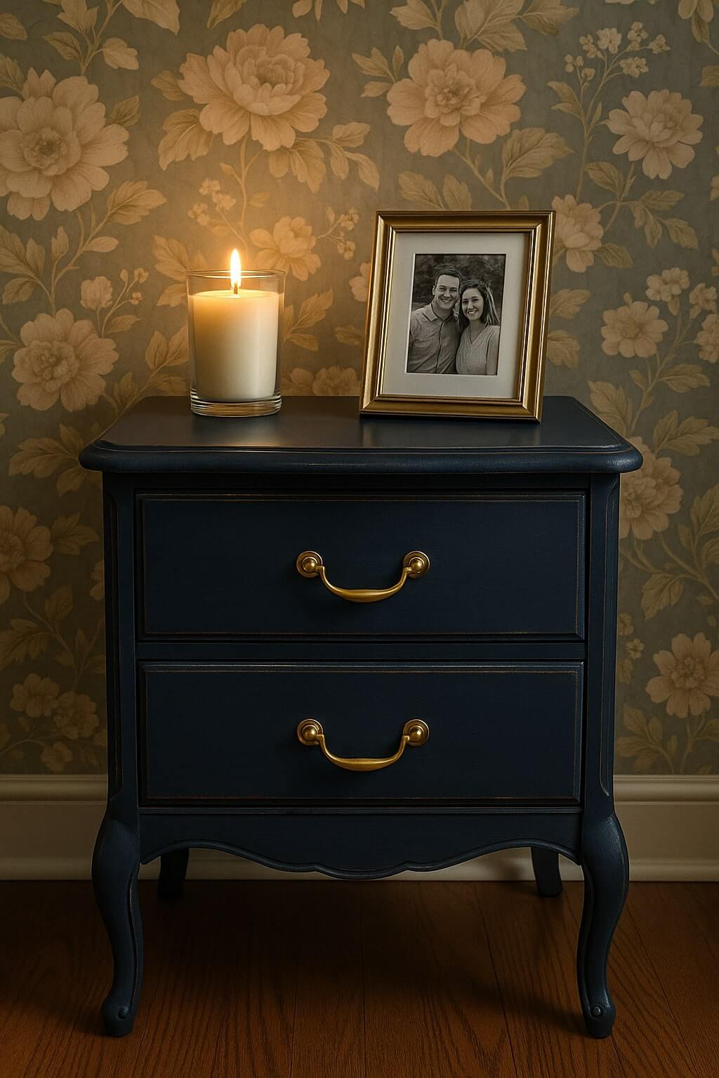 refinished vintage nightstand navy gold hardware