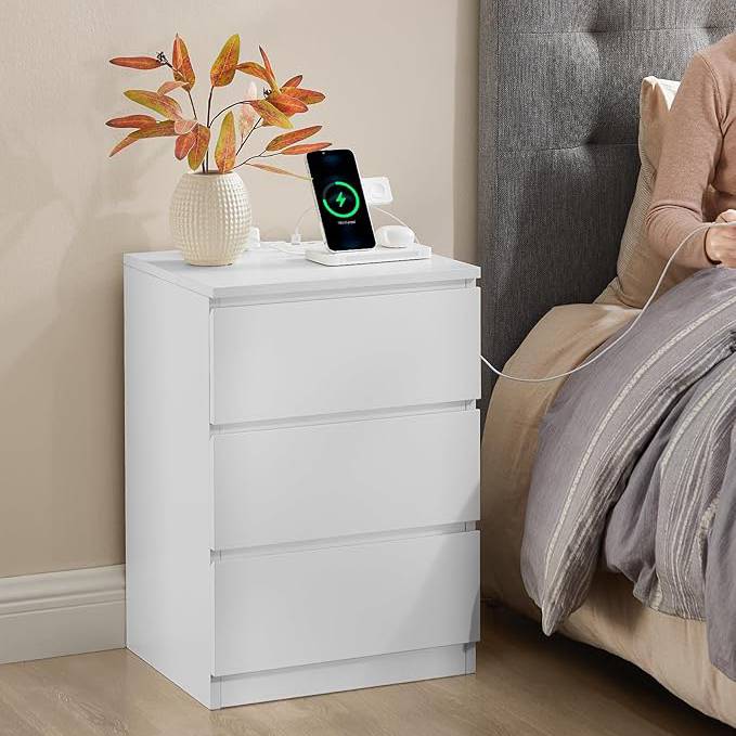 vasagle white nightstand with charging station 3 drawers
