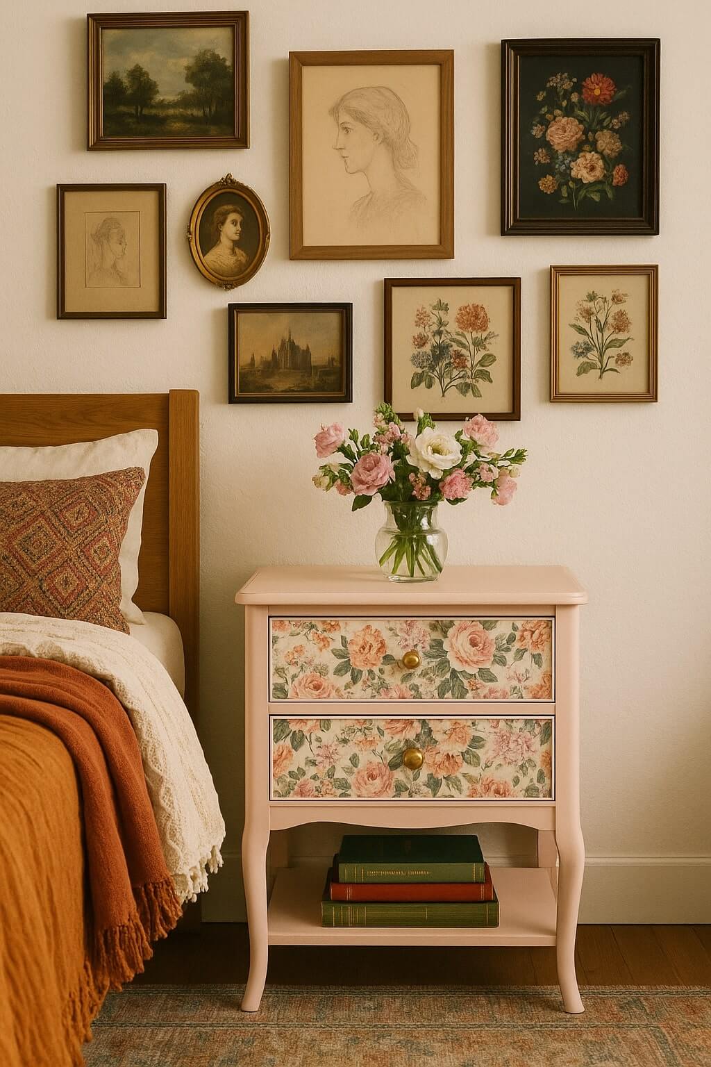 vintage diy nightstand makeover pink gold floral