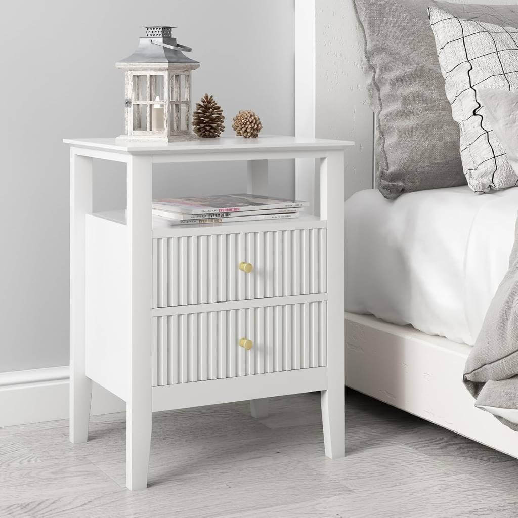woodem fluted white nightstand with drawers