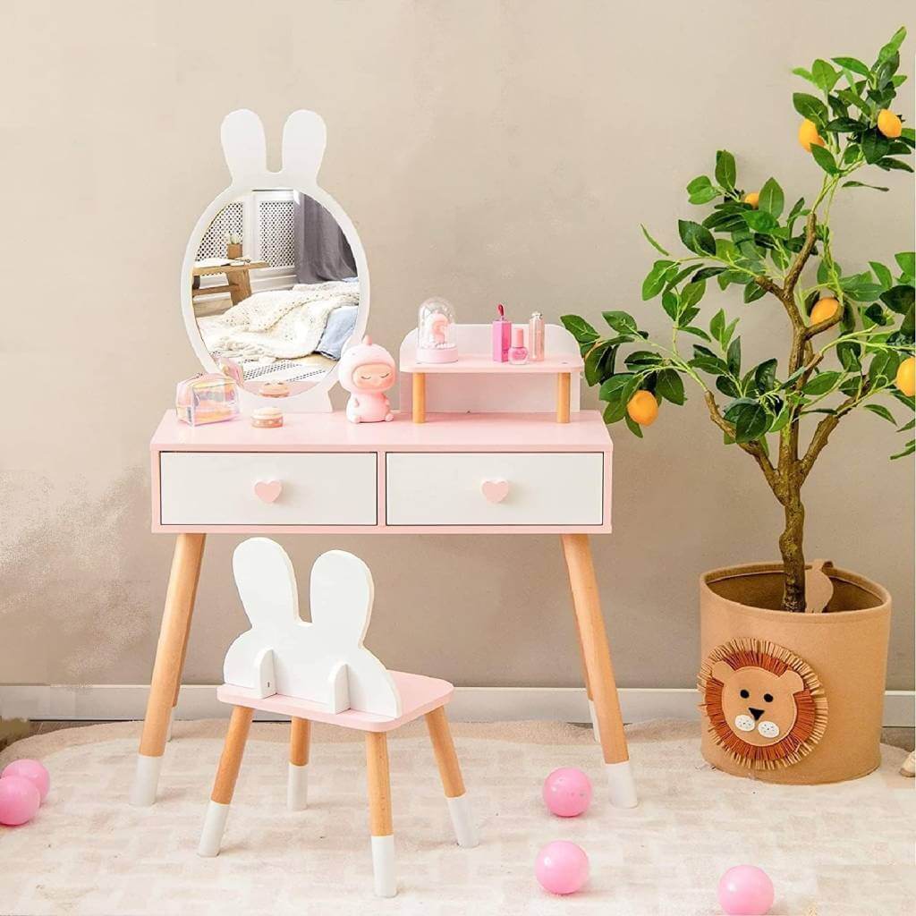 2-in-1 princess makeup table chair with drawers
