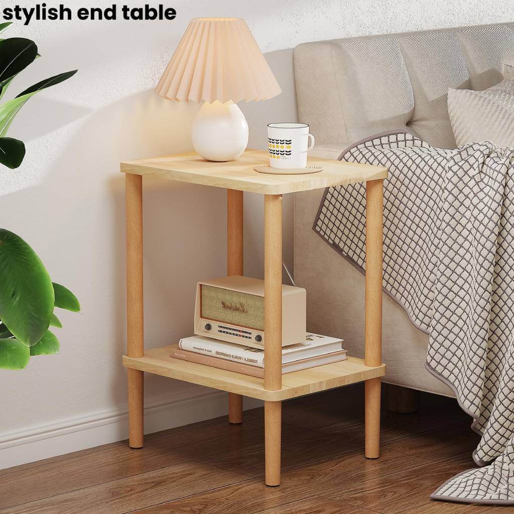 2 tier japandi side table with storage shelf