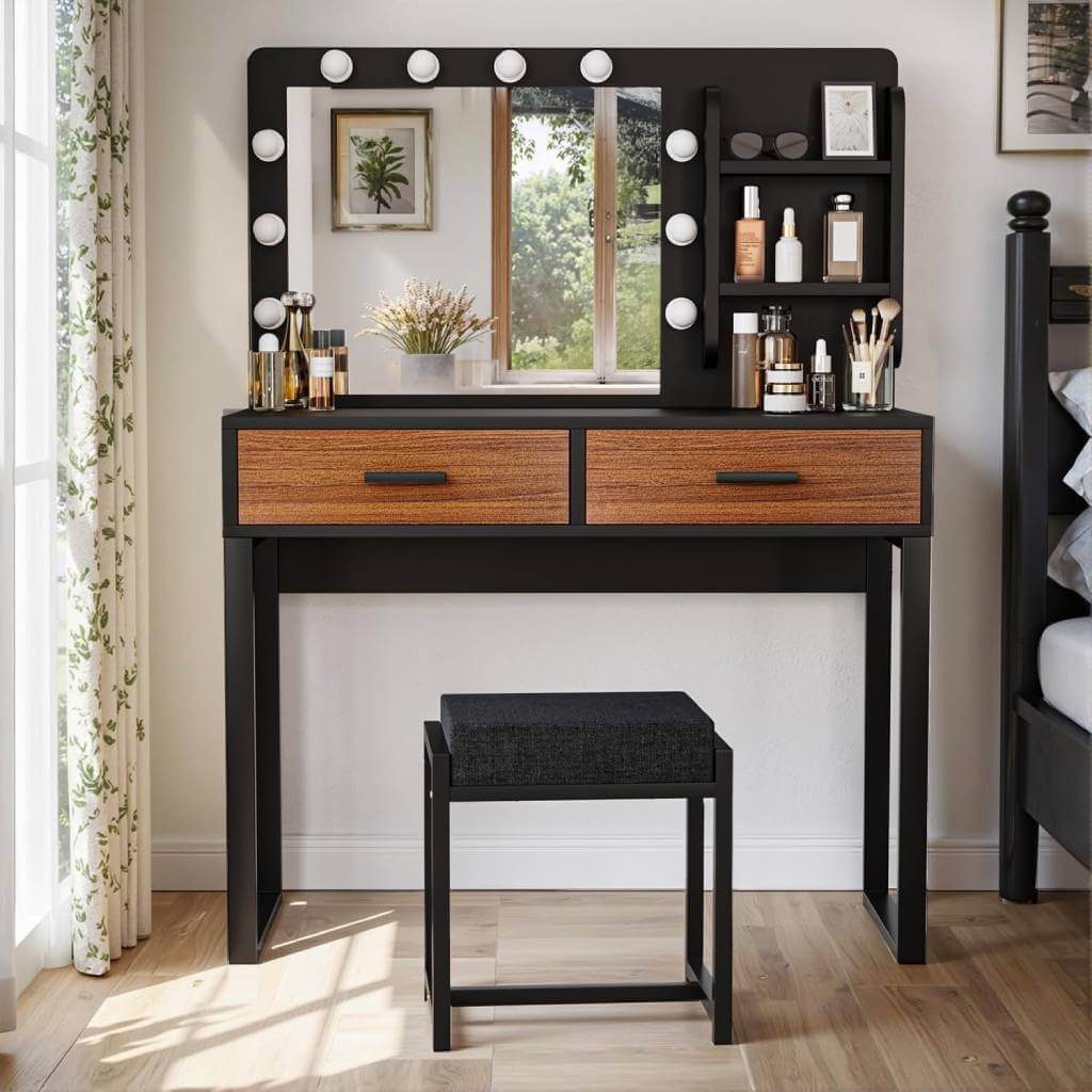 Black Makeup Vanity Desk with Mirror and 10 LED Light Bulbs