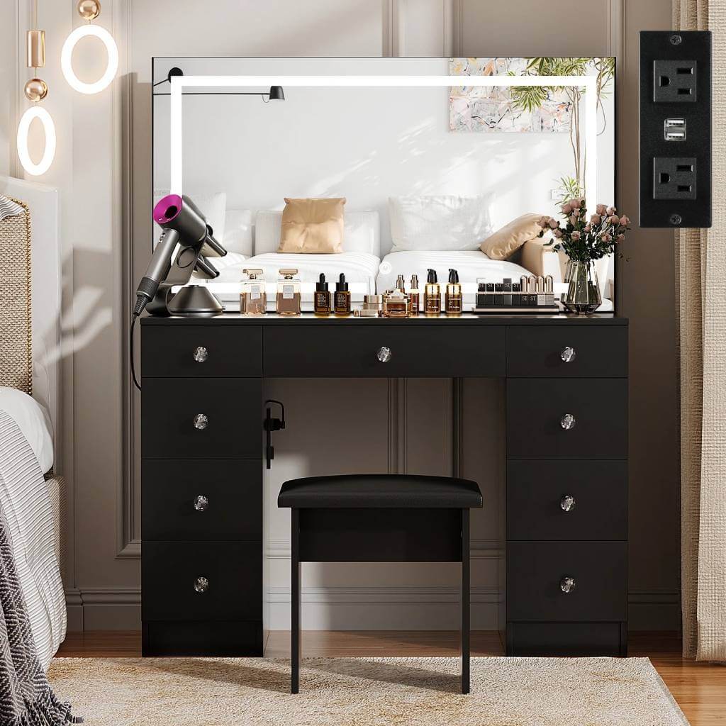 Greyden Black Vanity Set with LED Mirror and Built in Outlets