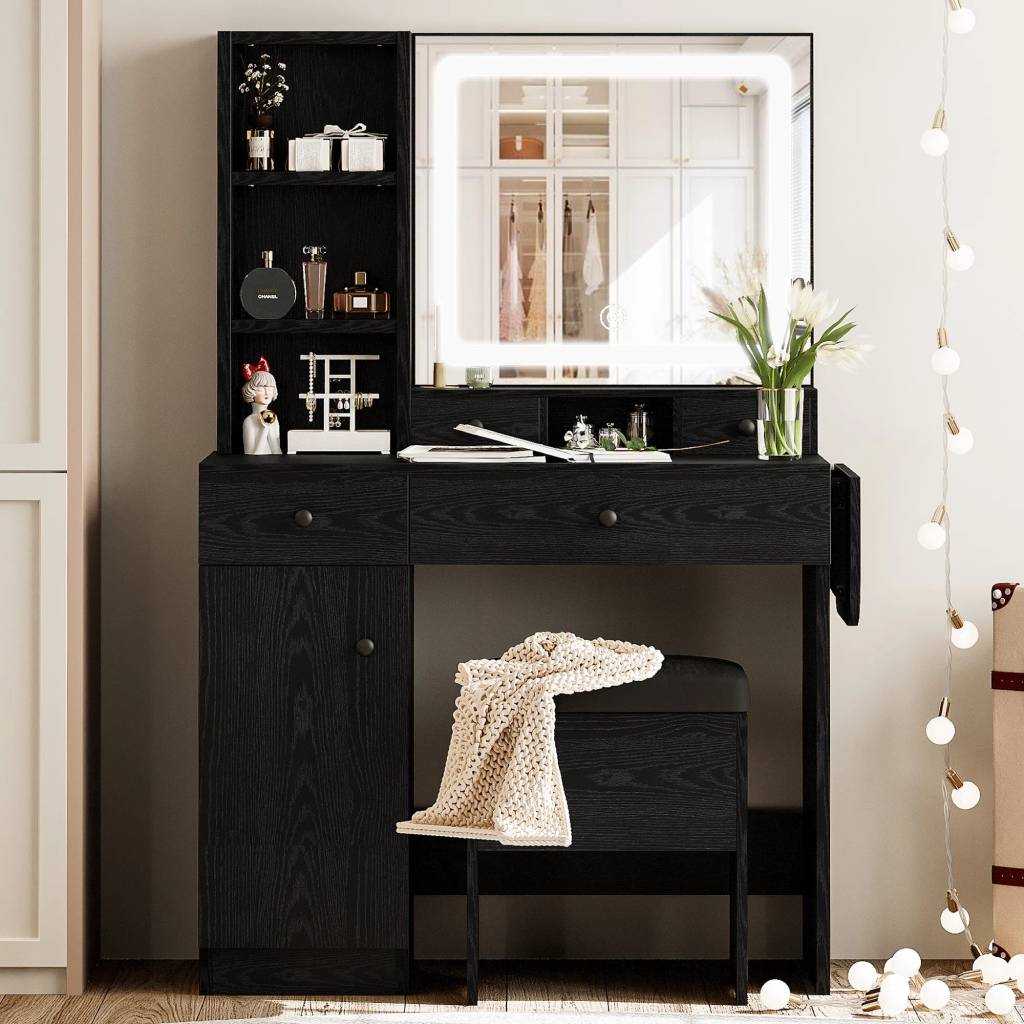 Jakaylen Black Vanity Makeup Desk with LED Light