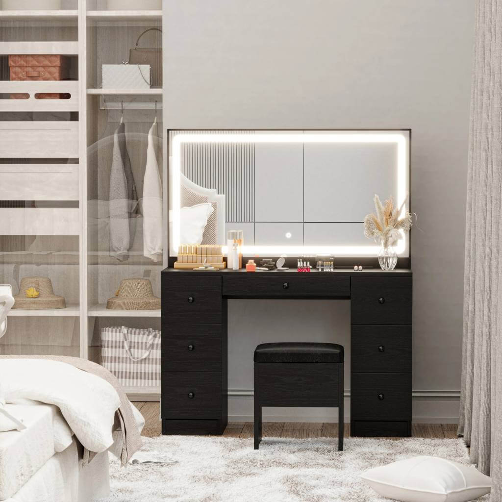 Latitude Run Black Makeup Vanity Desk with LED Mirror and Power Outlet