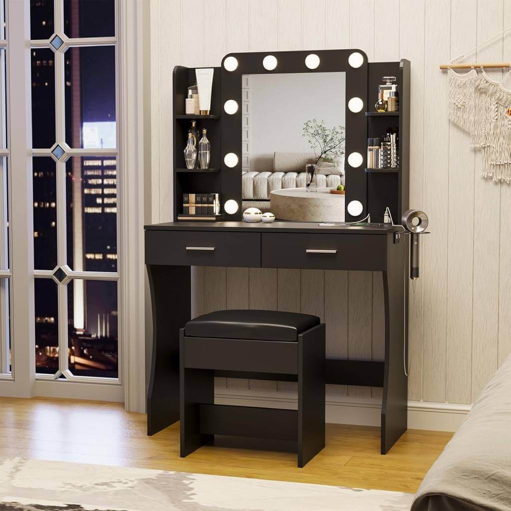 Maupvit Black Makeup Dressing Table with Power Outlet and Nightstand