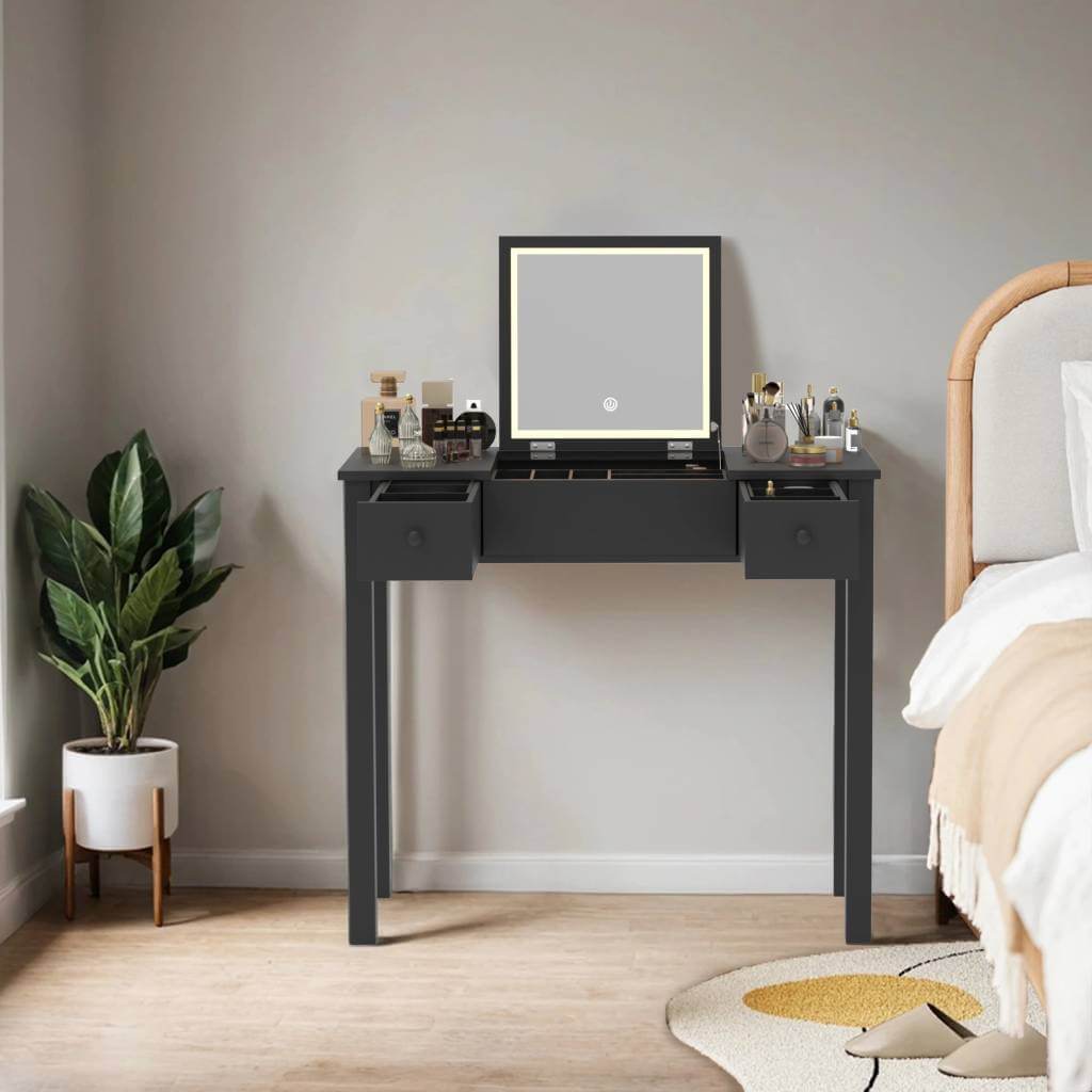 Winston Porter Black Makeup Vanity with Flip Top Mirror