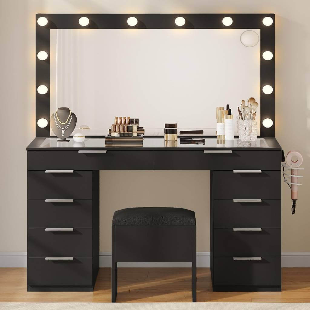 YITAHOME Black Makeup Vanity with Mirror and Power Outlet