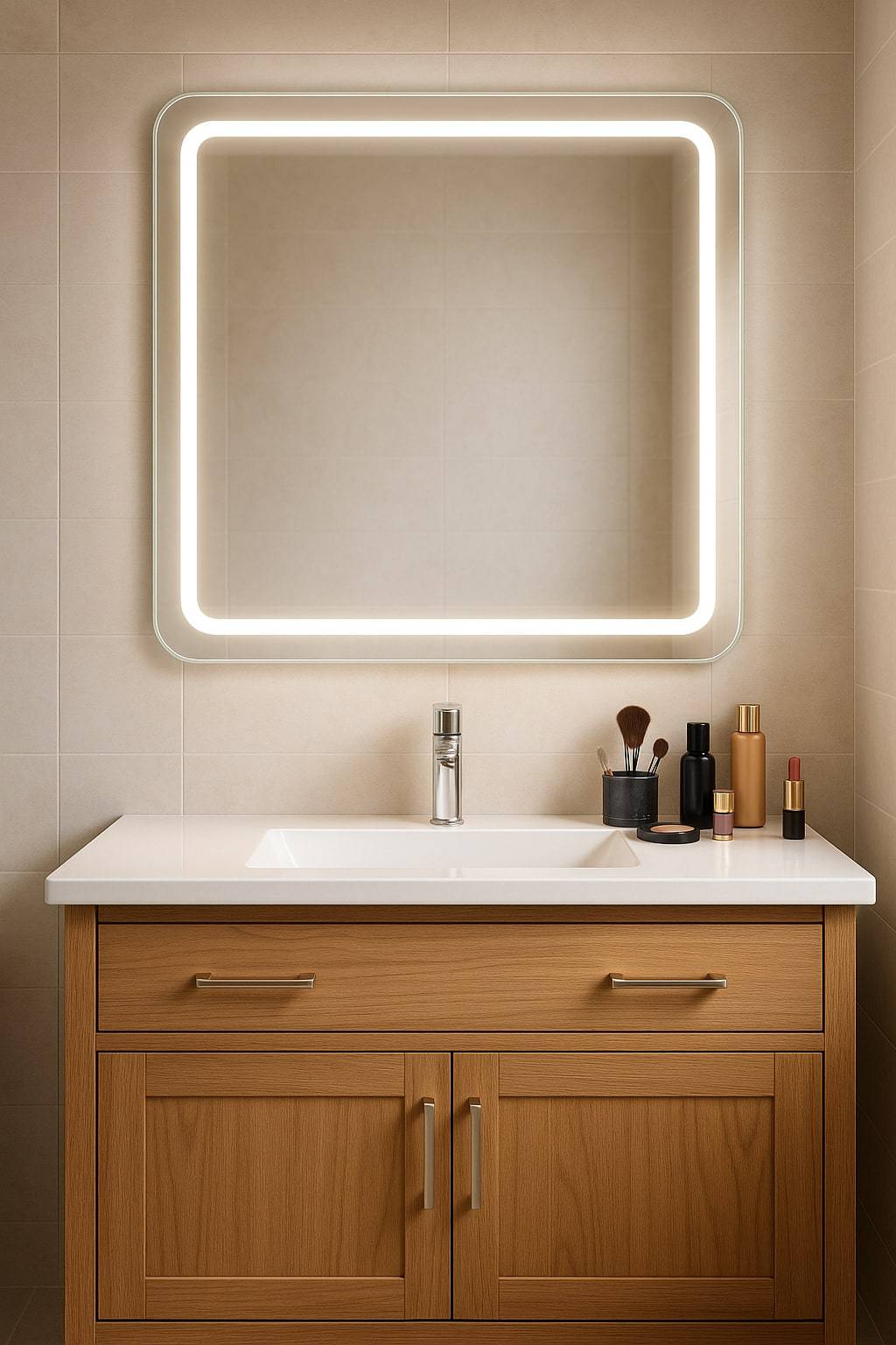 bathroom makeup vanity with mirror and lighting