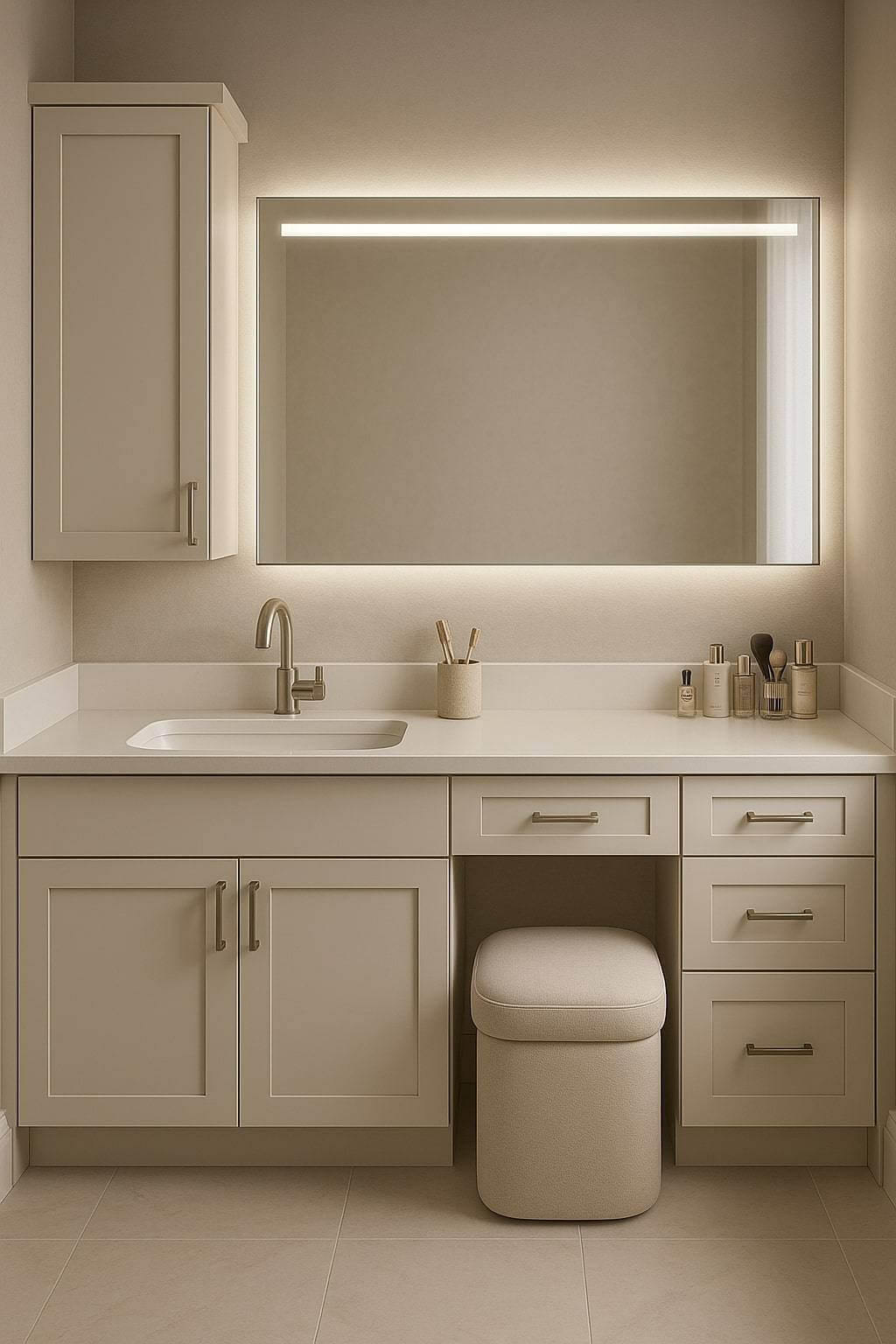 bathroom vanity with built-in makeup area sink