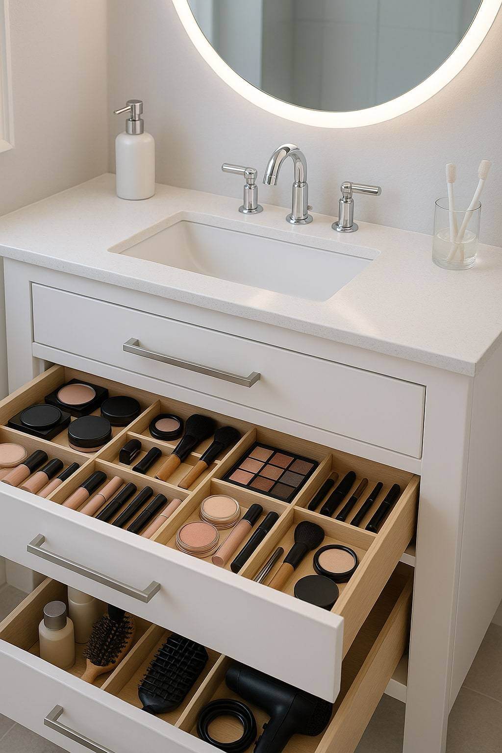 bathroom vanity with makeup drawers