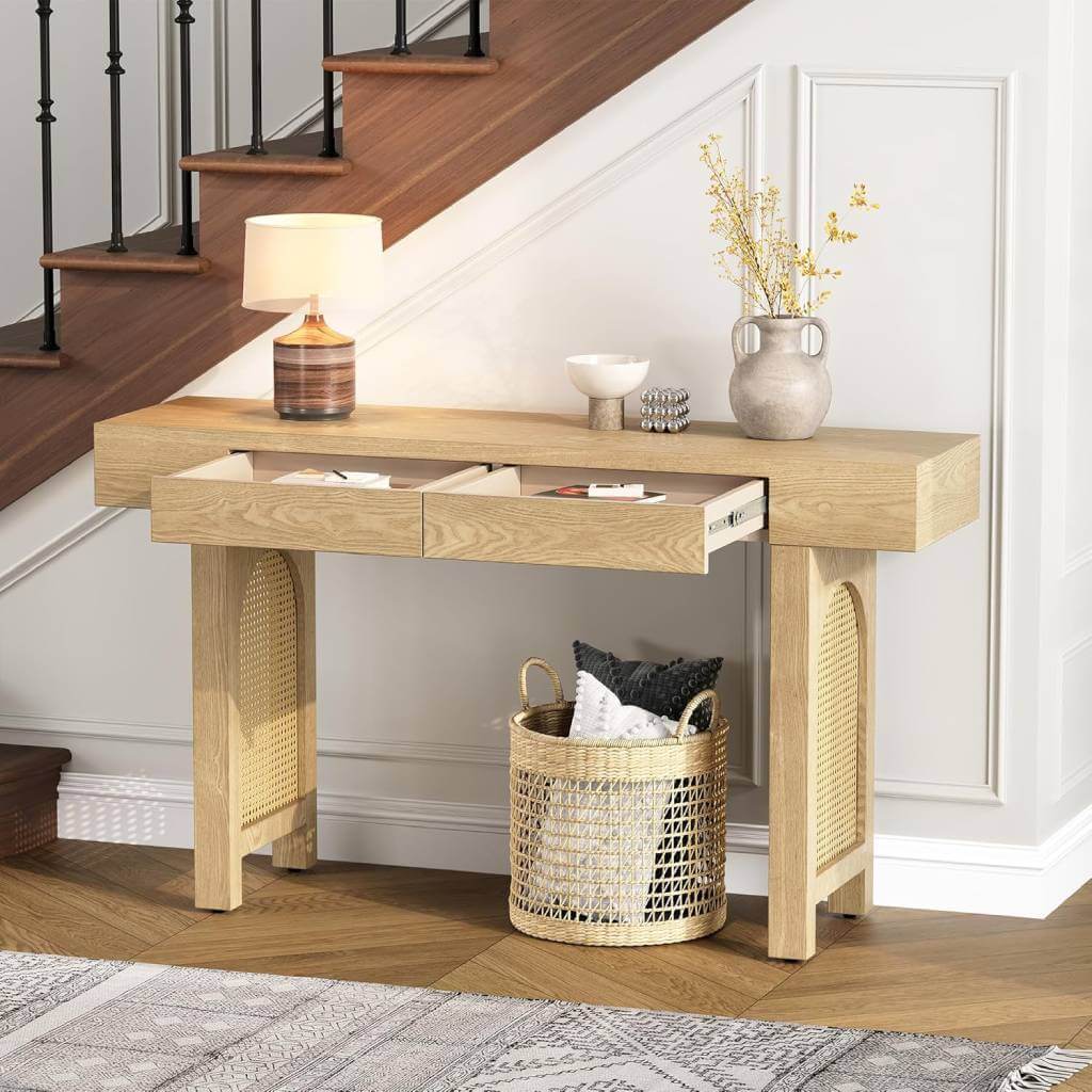 distressed console table with drawers