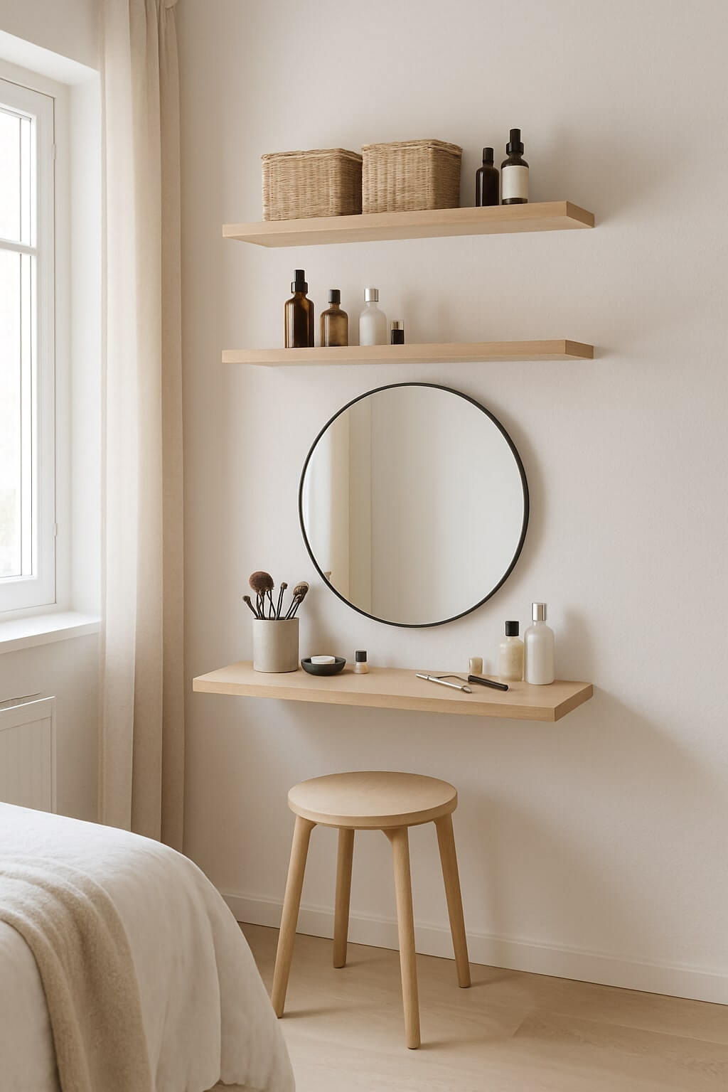 diy makeup vanity floating shelves small space