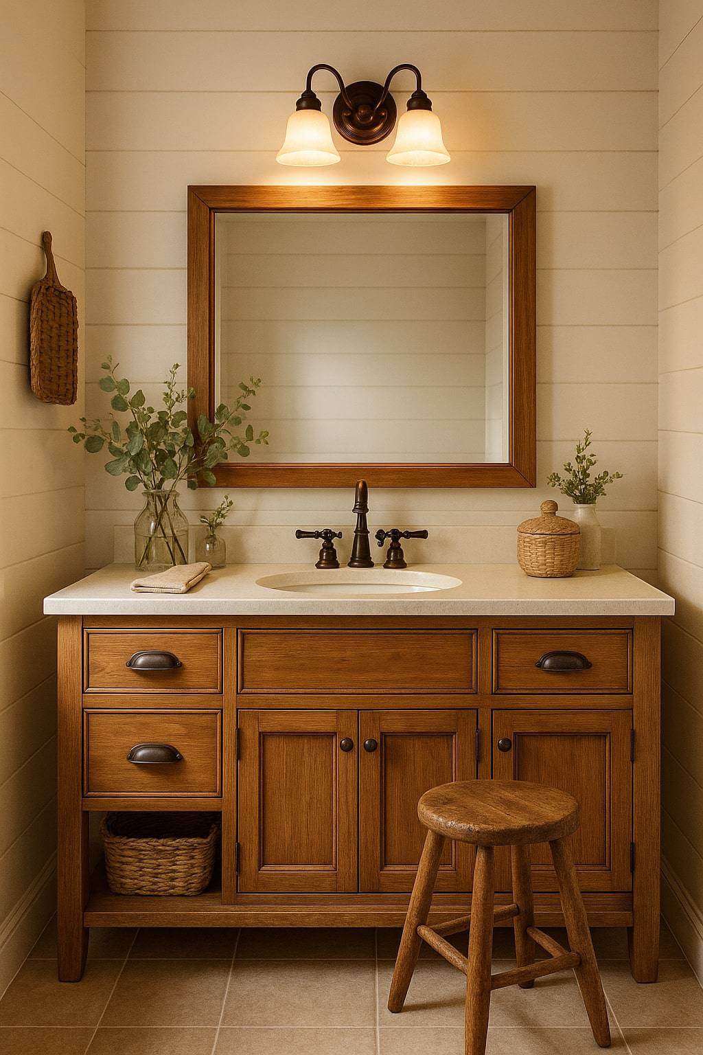 farmhouse style bathroom with makeup vanity