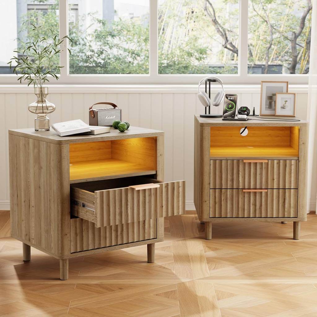 fluted bedside table with 2 drawers