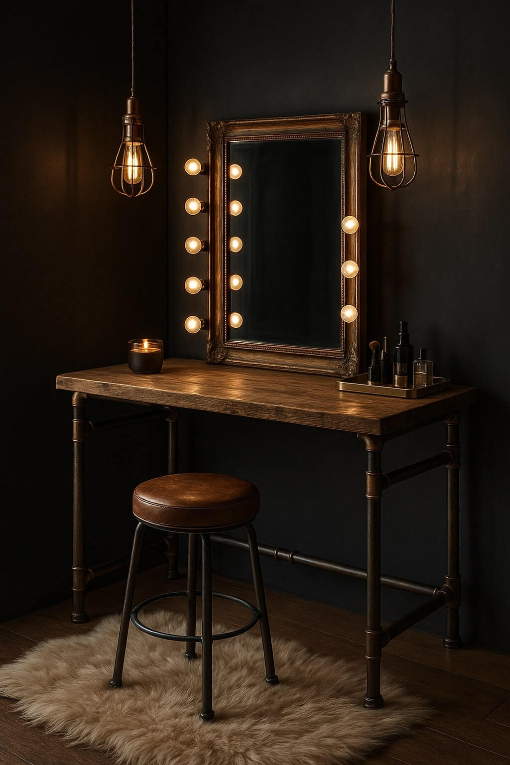 industrial pipe makeup vanity rustic wood metal