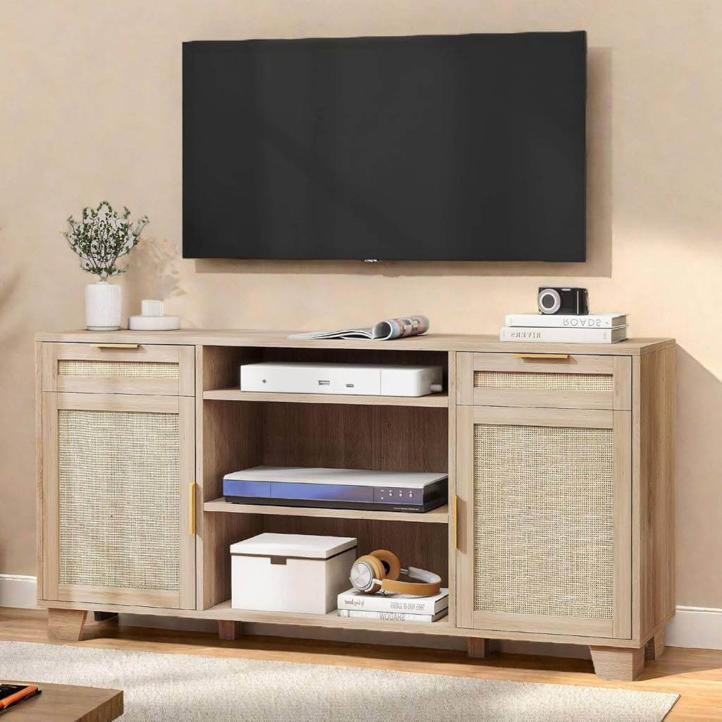 japandi tv media console with drawers