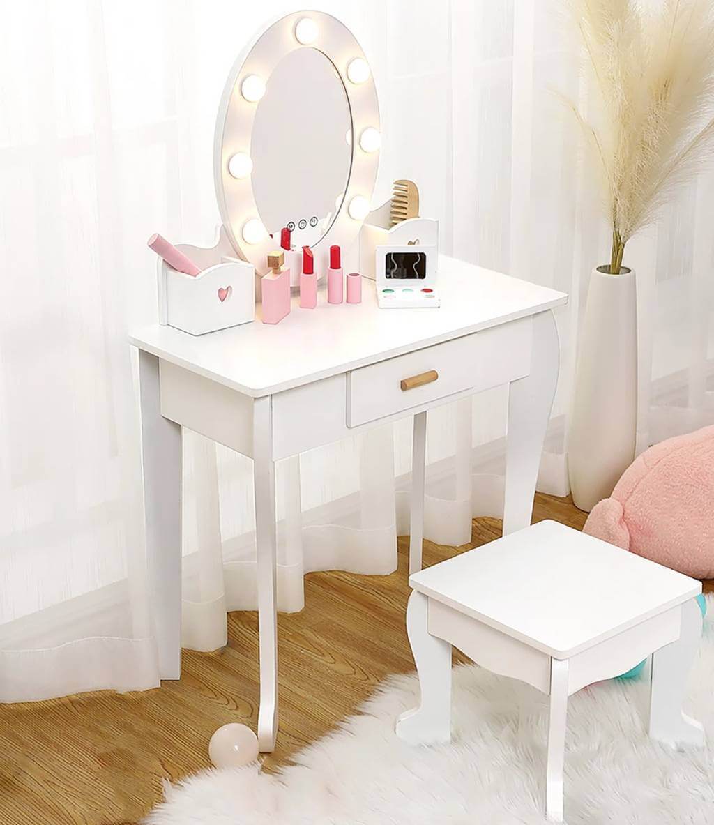 kids makeup dressing table with lights and stool