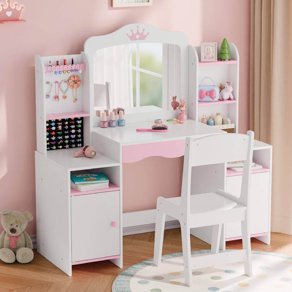 kids vanity set with mirror stool jewelry storage