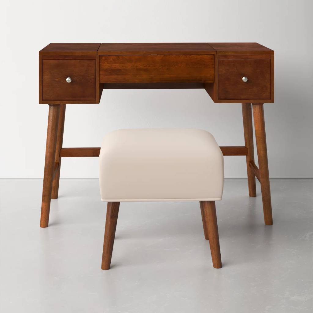 mid-century modern makeup vanity with mirror and drawers