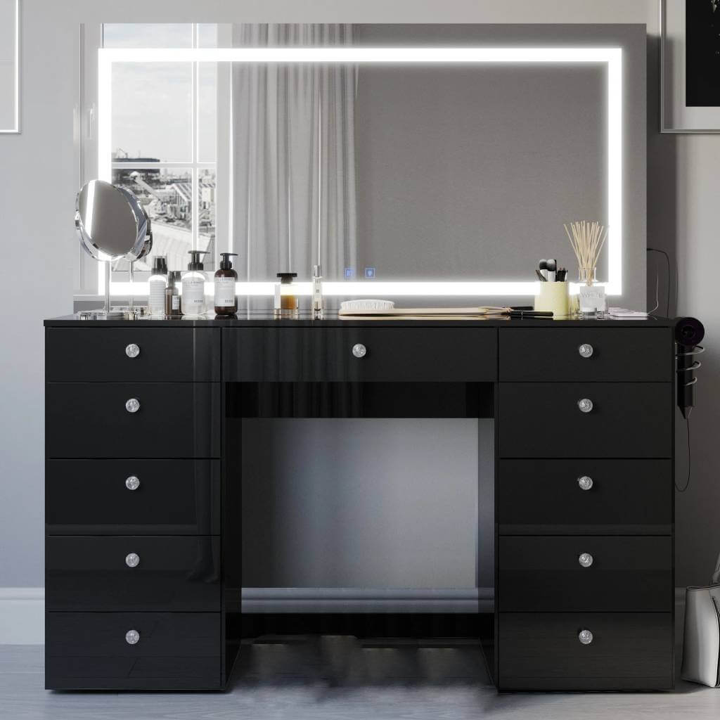 modern black vanity with extra wide lighted mirror