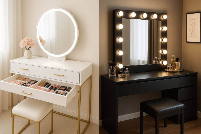 modern makeup vanity collage white and gold black vanity