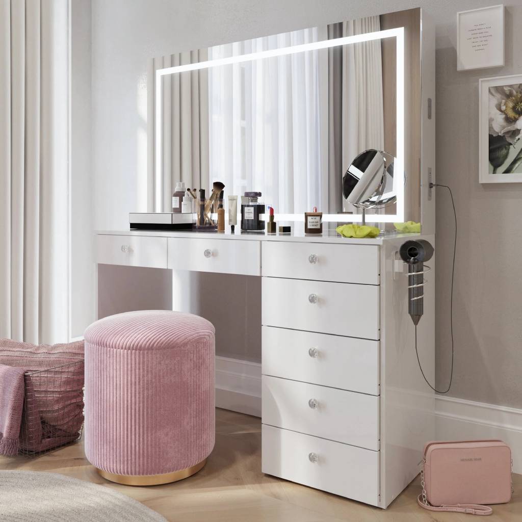 modern makeup vanity for bedroom with large mirror