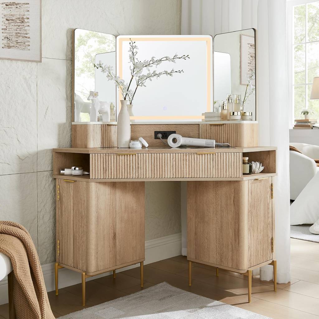 modern makeup vanity with lighted mirror and drawers