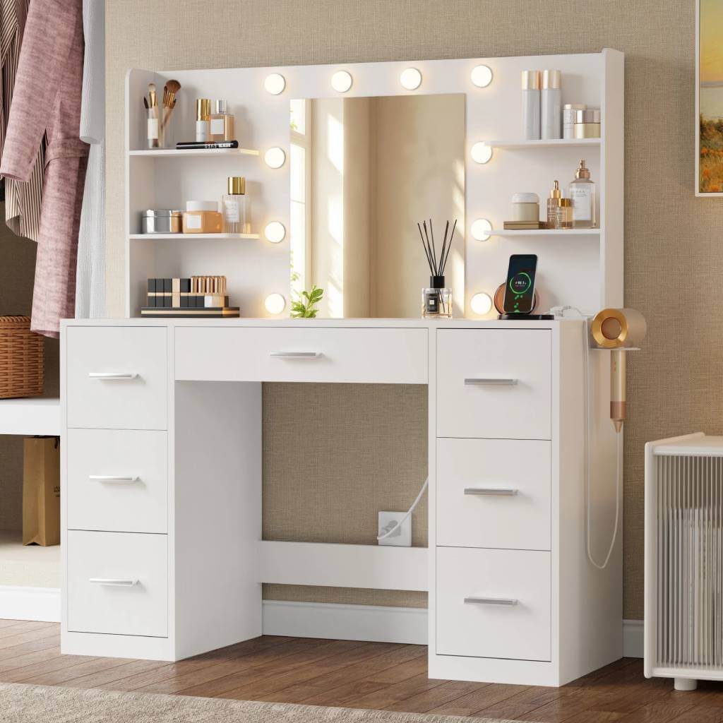 modern makeup vanity with open storage shelves