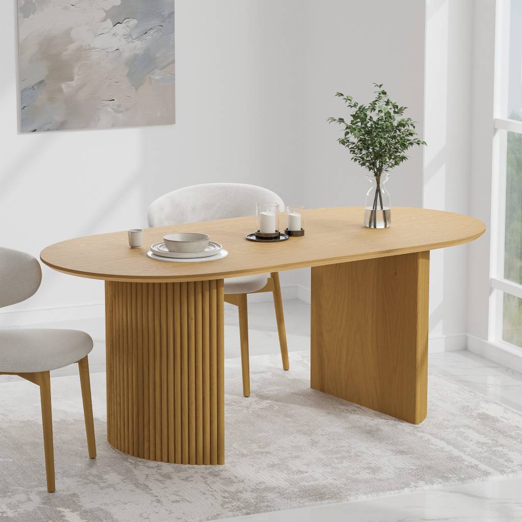 oval japandi dining table with double pedestal