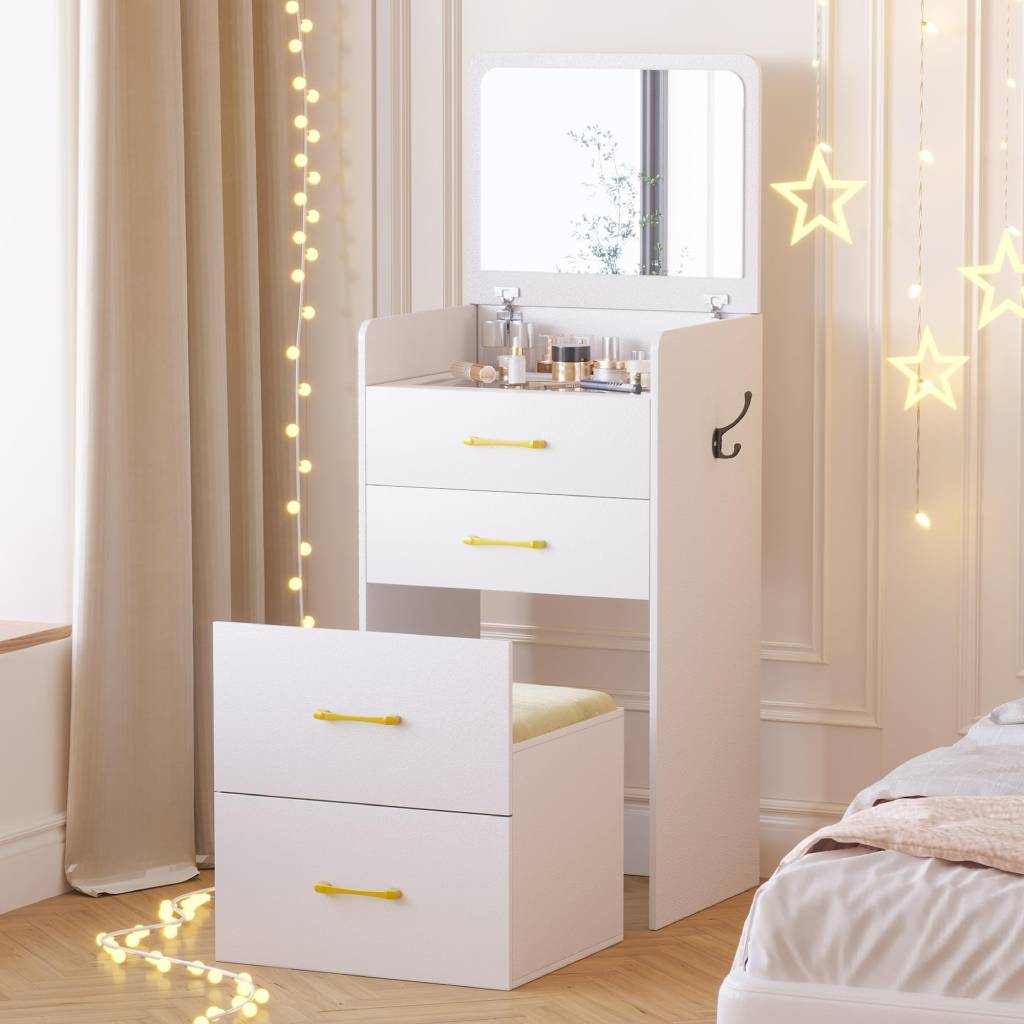 small modern makeup vanity with mirror and stool
