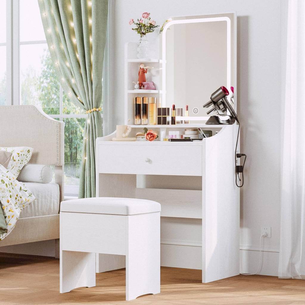 small white makeup vanity with storage drawer