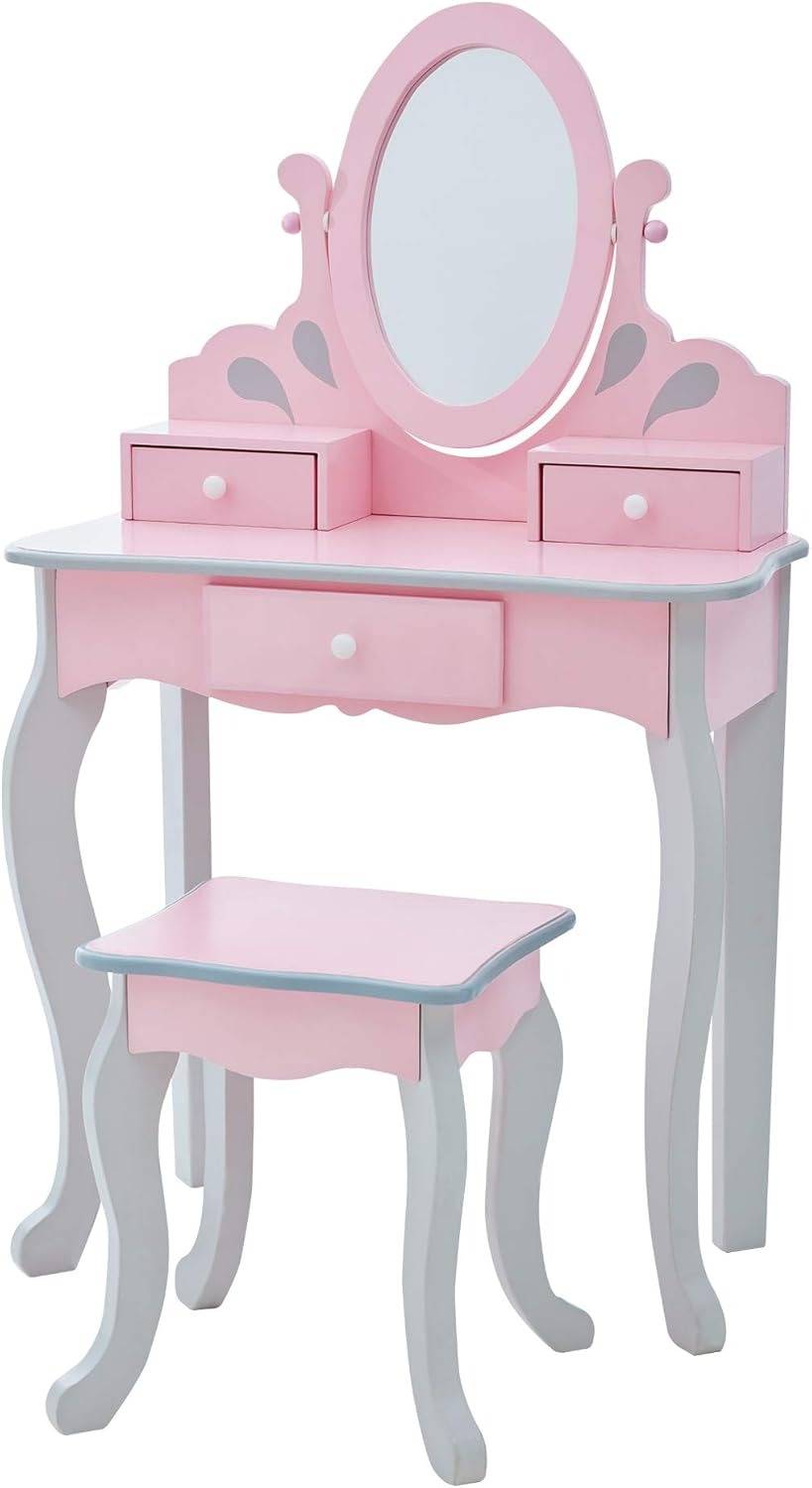 teamson kid rapunzel vanity with mirror and stool