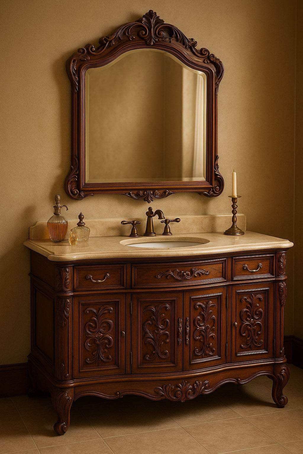 traditional bathroom makeup vanity with ornate details
