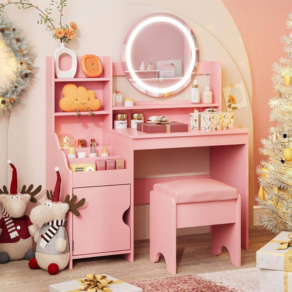 vabches pink kids vanity with lights bookshelf storage