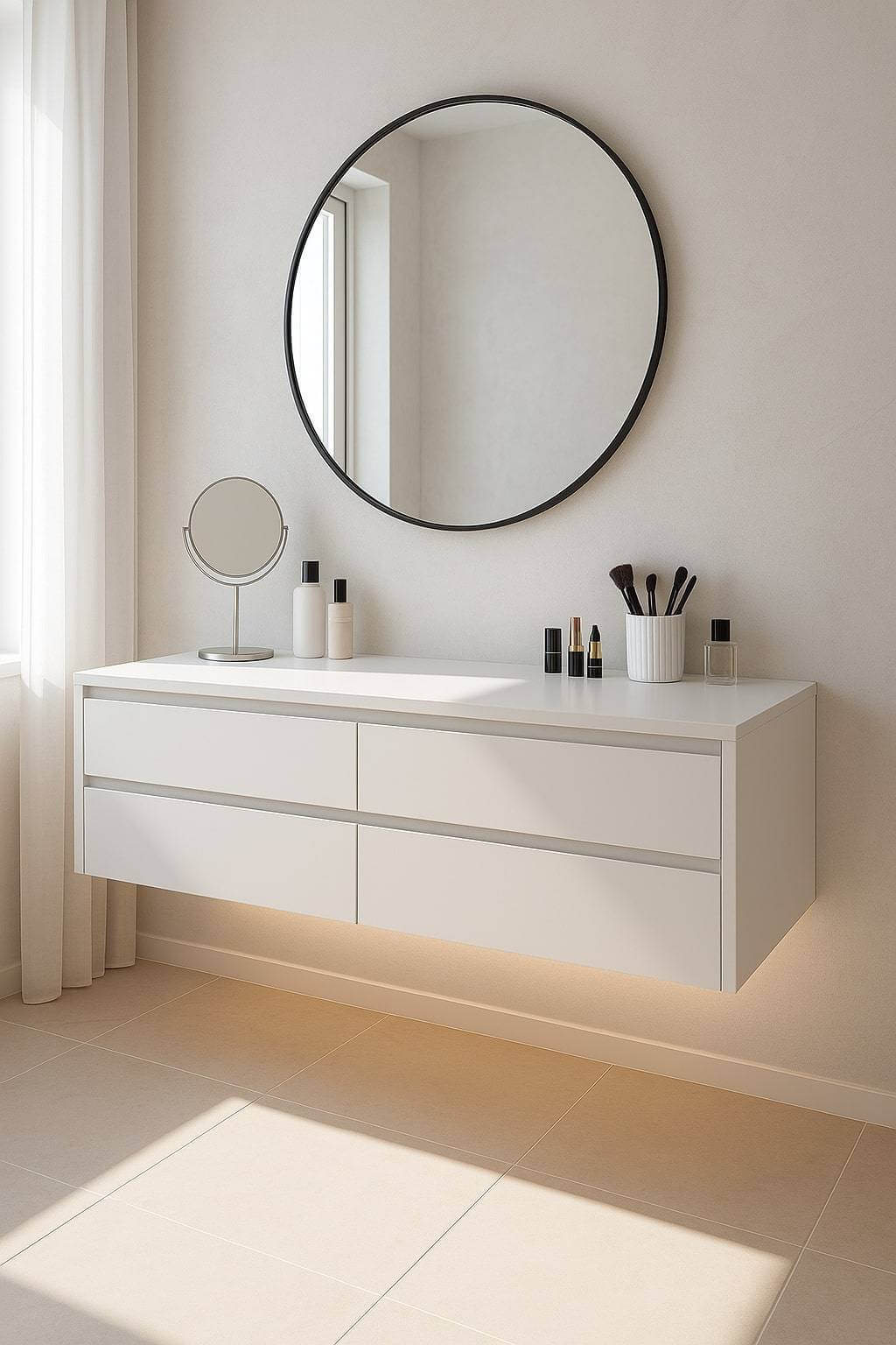 wall mounted floating makeup vanity in bathroom