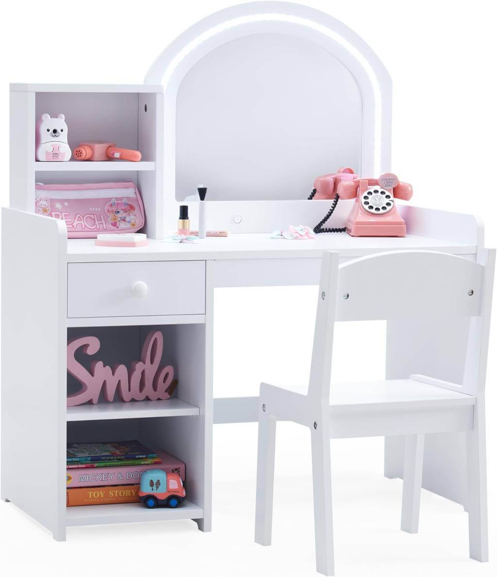 white kids vanity set with lights mirror drawer shelves