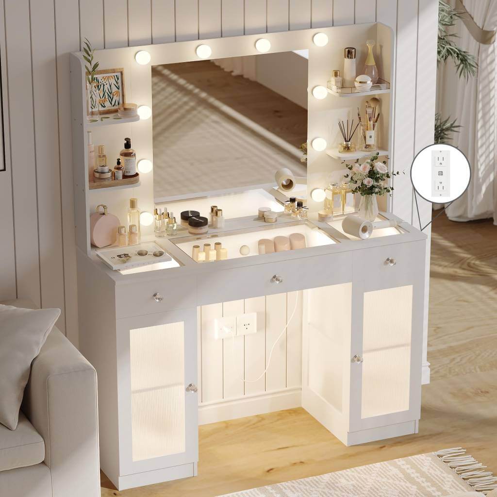 white makeup vanity with glass top