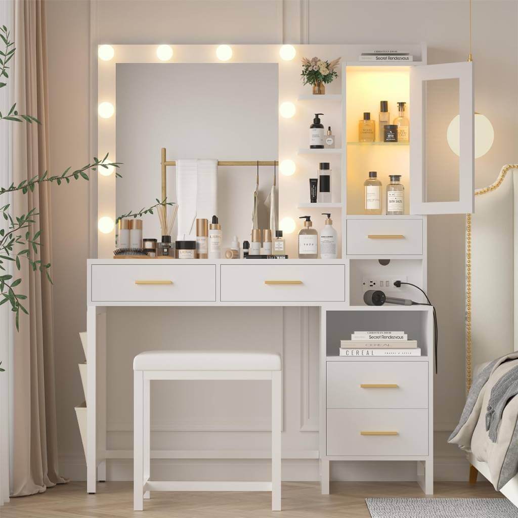 white makeup vanity with lights and drawers