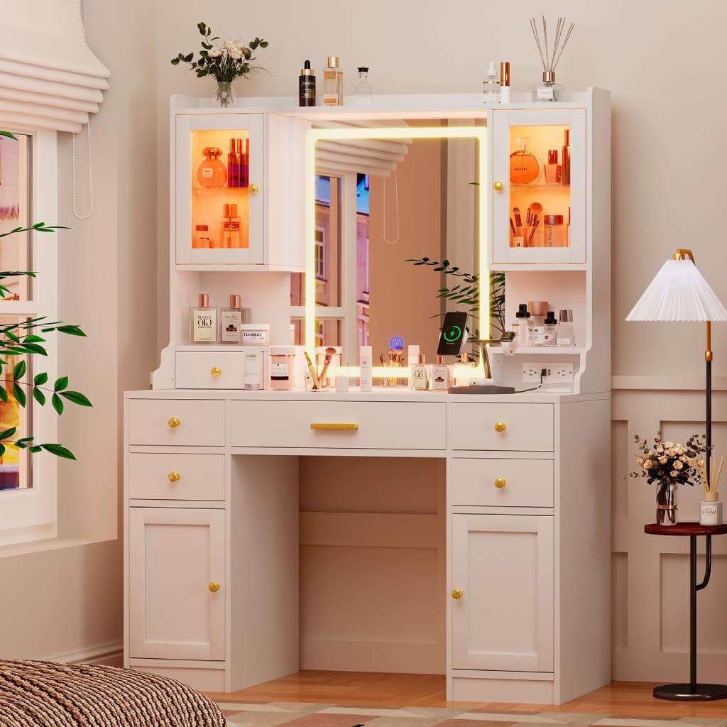 white makeup vanity with mirror and lights
