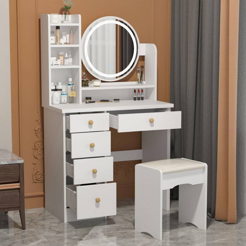 white vanity desk with stool mirror and lights