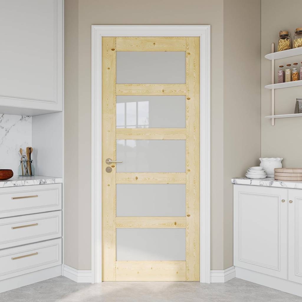 Pine Wood Slab Door with 5 Panel Frosted Glass
