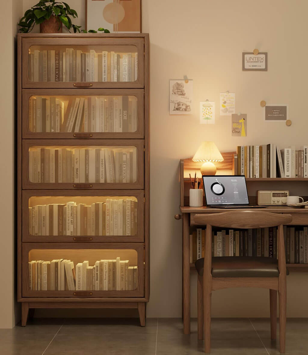 72 Inch Solid Wood Bookcase with Tempered Glass Flip Up Doors