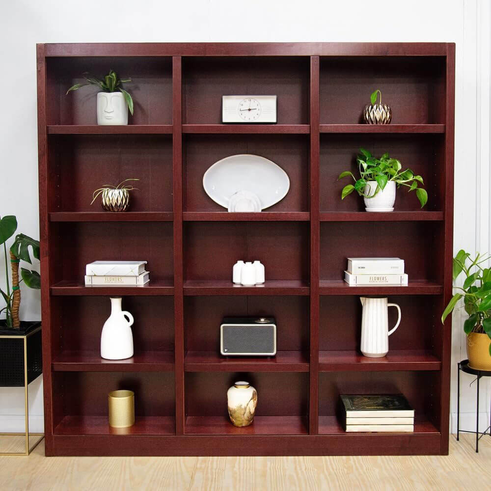 72 Inch Tall 15 Shelf Triple Wide Cherry Wood Bookcase