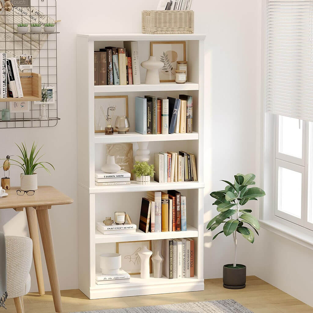 Blini Tall Solid Wood White Bookshelf with 5 Shelves