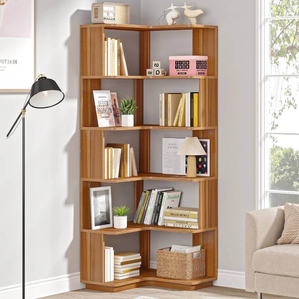 Nyajiah Solid Wood Corner Bookshelf with 5 Shelves